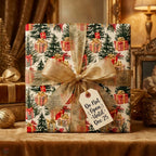 Vintage Christmas wrapping paper with tree pattern, gold ribbon, and holiday tag by Wrapped Studios.