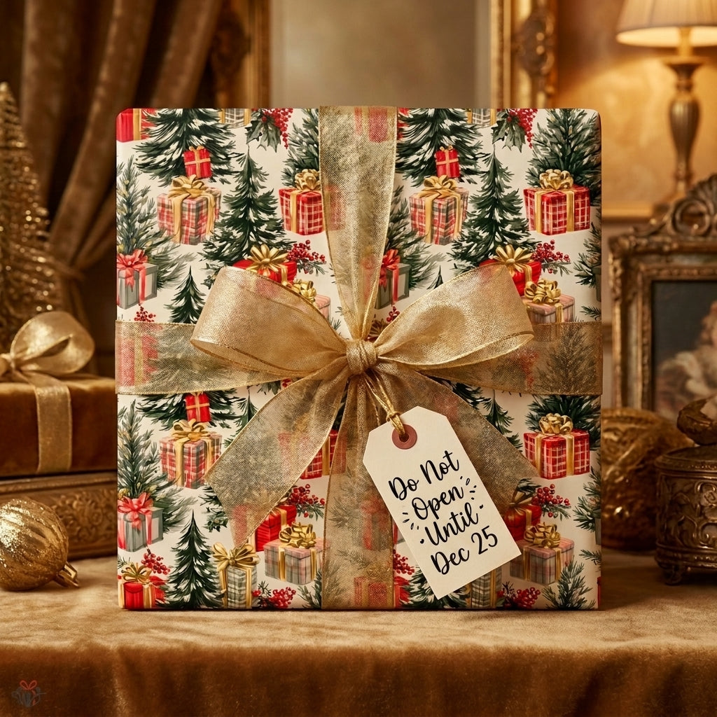 Vintage Christmas wrapping paper with tree pattern, gold ribbon, and holiday tag by Wrapped Studios.