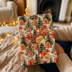 Vintage Christmas wrapping paper by Wrapped Studios on a cozy holiday gift tied with red and gold twine.
