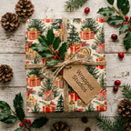 Vintage Christmas wrapping paper by Wrapped Studios, tied with rustic twine and holly sprig.