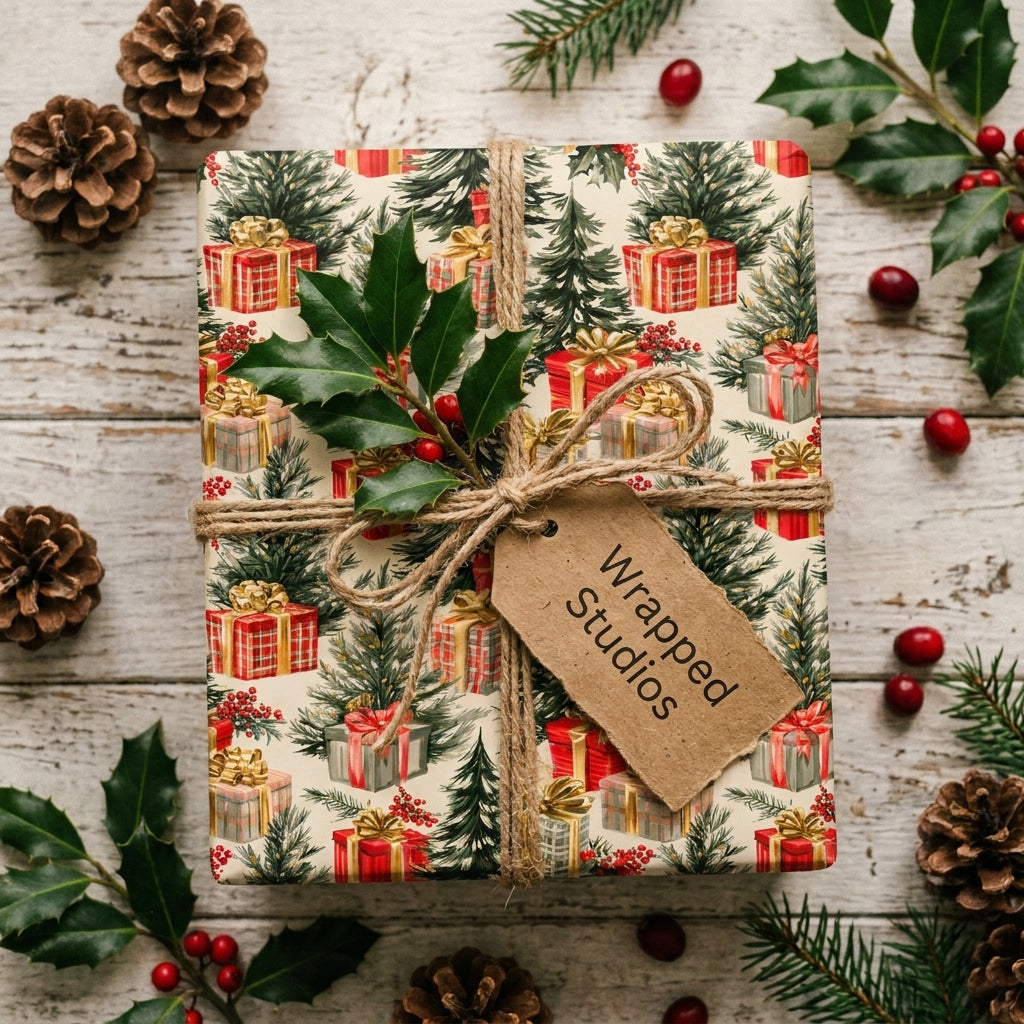 Vintage Christmas wrapping paper by Wrapped Studios, tied with rustic twine and holly sprig.