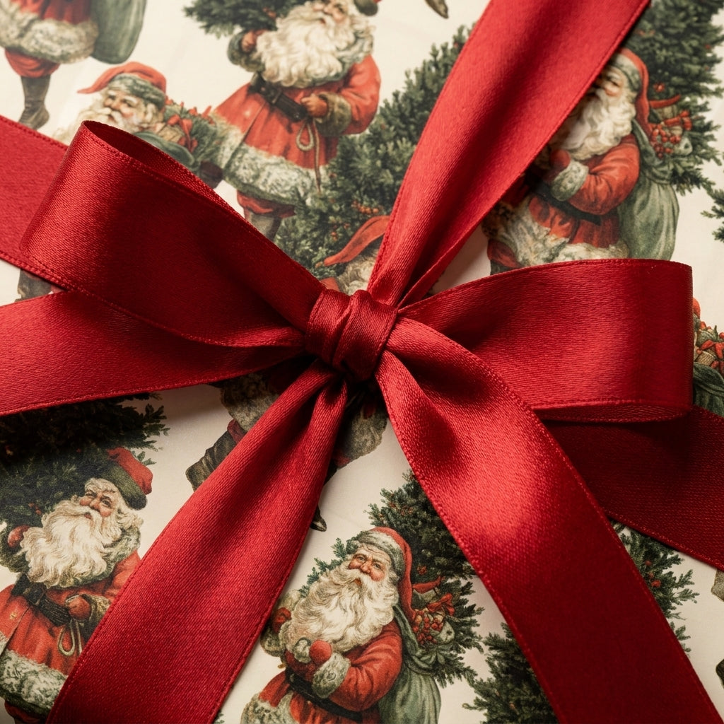 Vintage Santa Claus Christmas wrapping paper with a red satin ribbon bow by Wrapped Studios.
