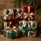 Vintage Santa Claus Christmas gift wrap with luxury red velvet and green satin ribbons by Wrapped Studios.