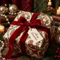Vintage Santa Claus Christmas wrapping paper with a red velvet ribbon and gift tag, by Wrapped Studios.