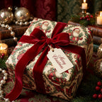 Vintage Santa Claus Christmas wrapping paper with a red velvet ribbon and gift tag, by Wrapped Studios.