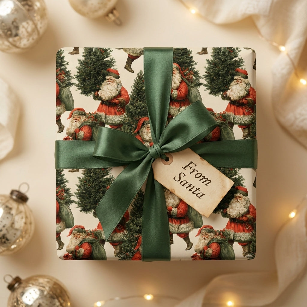 Vintage Santa Christmas wrapping paper by Wrapped Studios with a green satin ribbon and From Santa gift tag.