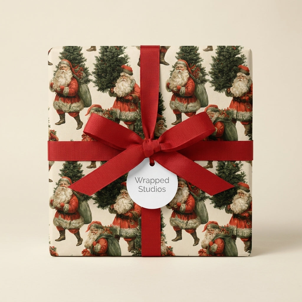 Vintage Santa Christmas wrapping paper with a red bow on a gift box, from Wrapped Studios.