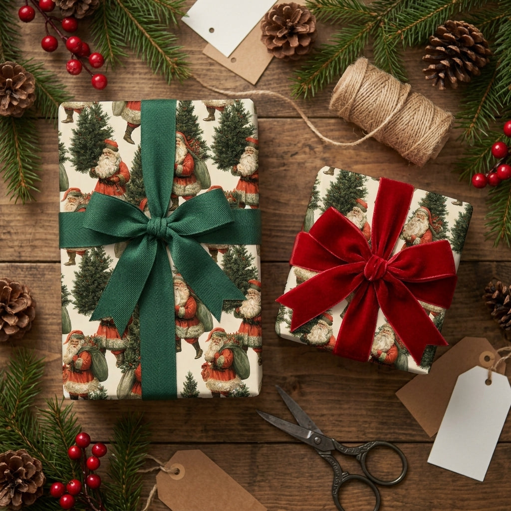 Vintage Santa Claus Christmas wrapping paper with red and green ribbons by Wrapped Studios.