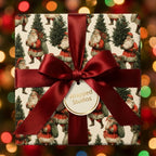 Vintage Santa Claus Christmas wrapping paper with a luxury red ribbon and gift tag by Wrapped Studios.
