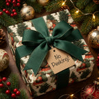 Vintage Santa Christmas gift wrap by Wrapped Studios with a dark green bow and "No Peeking!" tag.