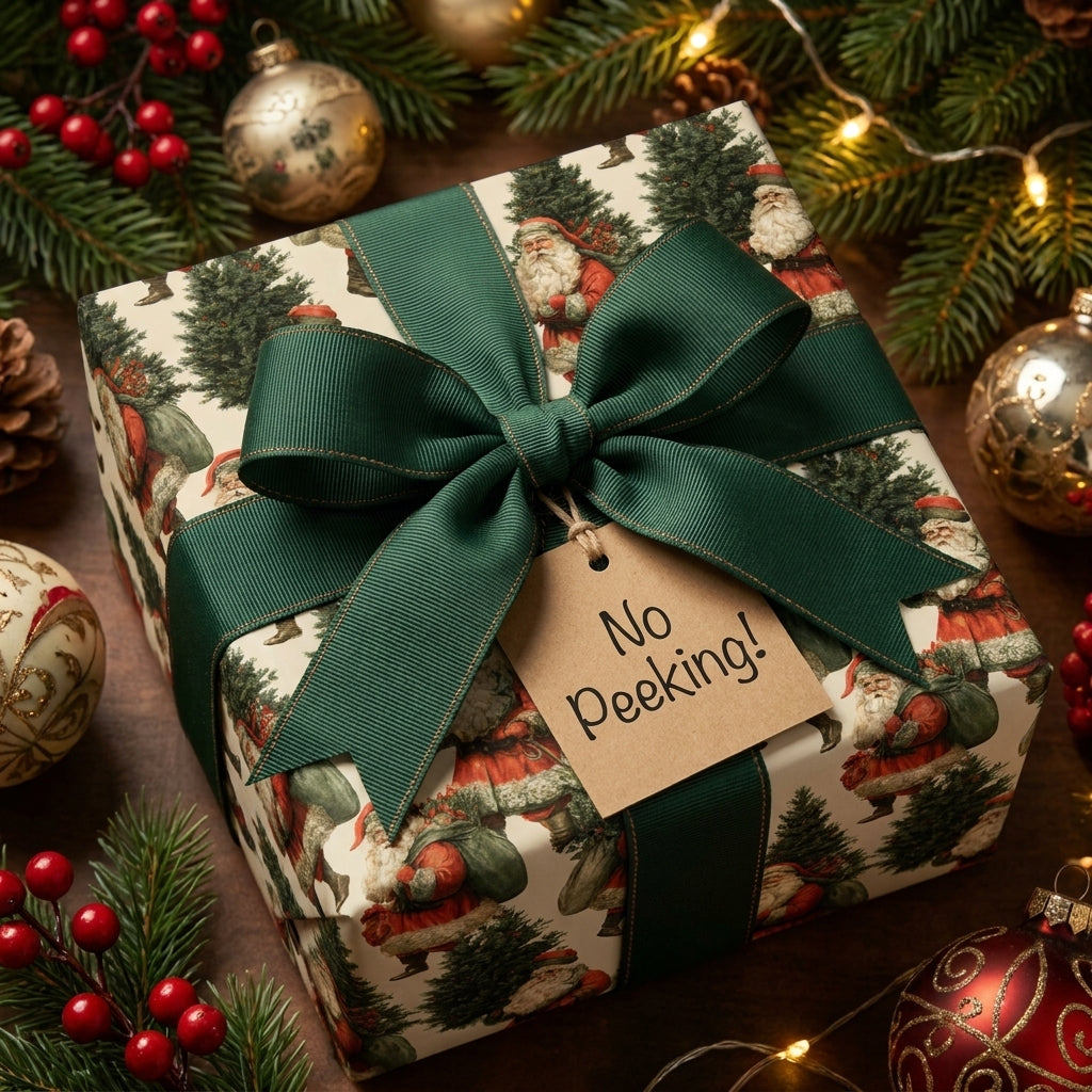 Vintage Santa Christmas gift wrap by Wrapped Studios with a dark green bow and "No Peeking!" tag.