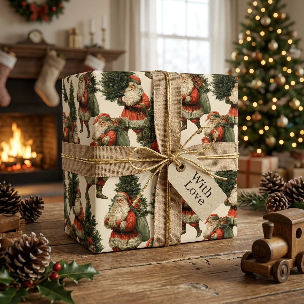 Vintage Santa Claus Christmas wrapping paper with rustic burlap ribbon by Wrapped Studios.