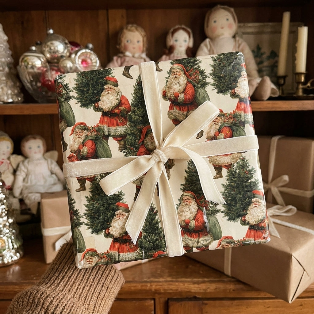 Vintage Santa Claus Christmas wrapping paper with a cream velvet bow by Wrapped Studios.