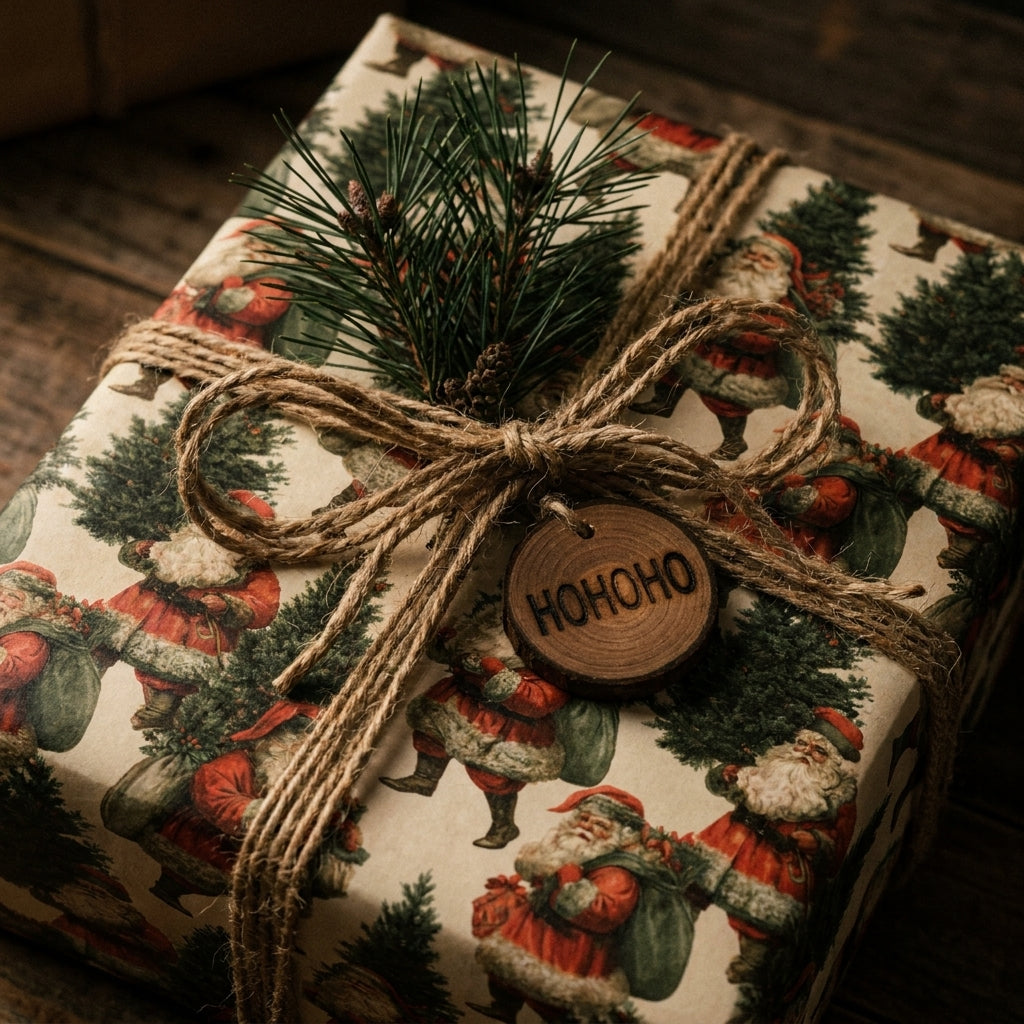 Vintage Santa Claus Christmas wrapping paper tied with a rustic twine bow and HOHOHO wood tag by Wrapped Studios.