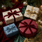 Four gift boxes with ribbons on a festive background with Christmas decorations.