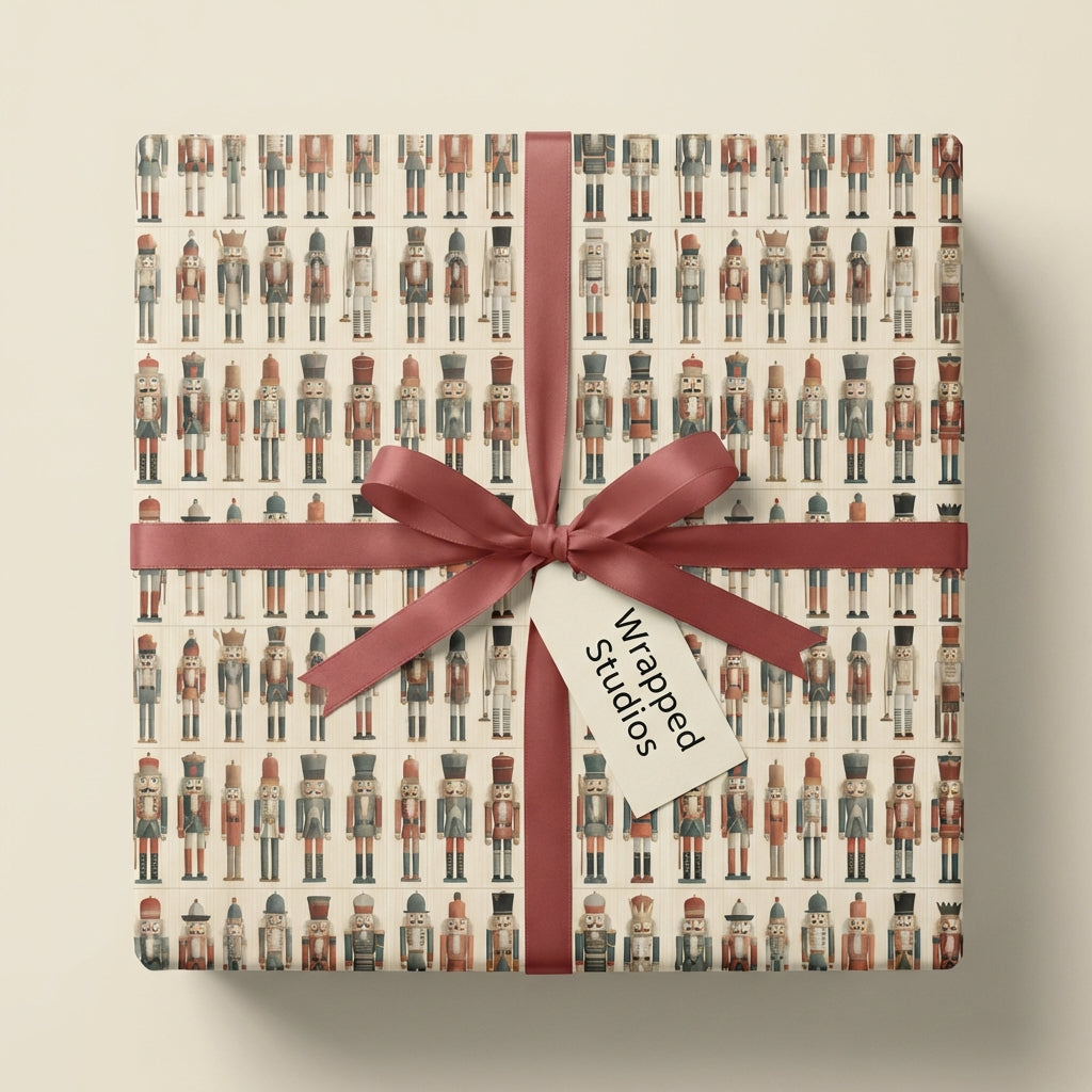 Nutcracker Christmas gift wrap with a muted red ribbon and tag.