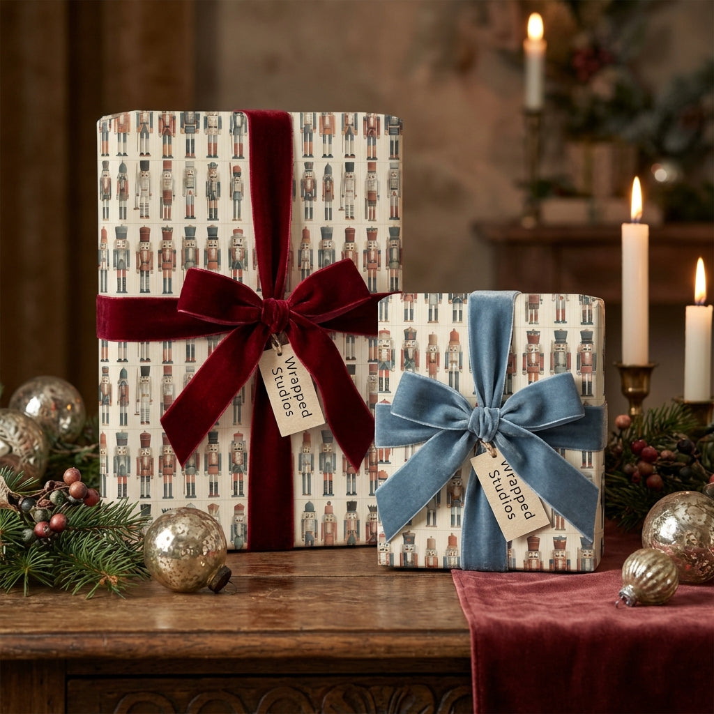 Wrapped gifts feature nutcracker-patterned Christmas wrapping paper with velvet ribbons on a rustic wooden table.