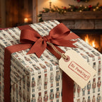 Christmas gift wrapped in nutcracker paper with ribbon and "No Peeking!" tag, set against a cozy fireplace backdrop.