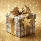 Square Christmas gift box with nutcracker wrapping paper, gold ribbon, and "From Santa" star tag.