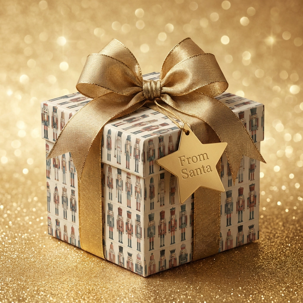 Square Christmas gift box with nutcracker wrapping paper, gold ribbon, and "From Santa" star tag.