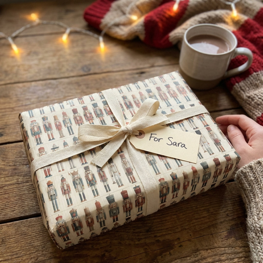 Nutcracker Christmas gift wrapped with ivory ribbon and a tag on rustic wood backdrop.