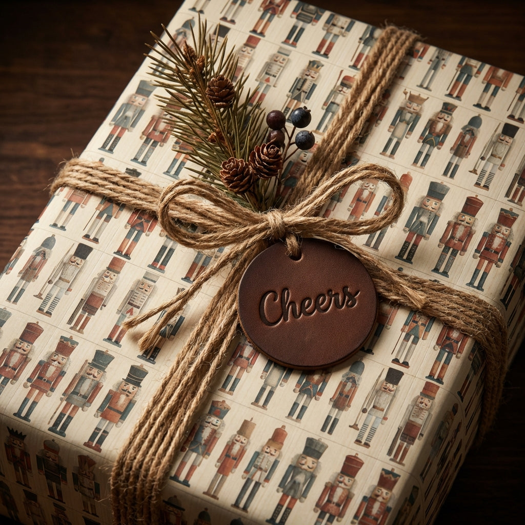 Nutcracker Christmas gift wrapped with brown twine, pine sprigs and a "cheers" tag.