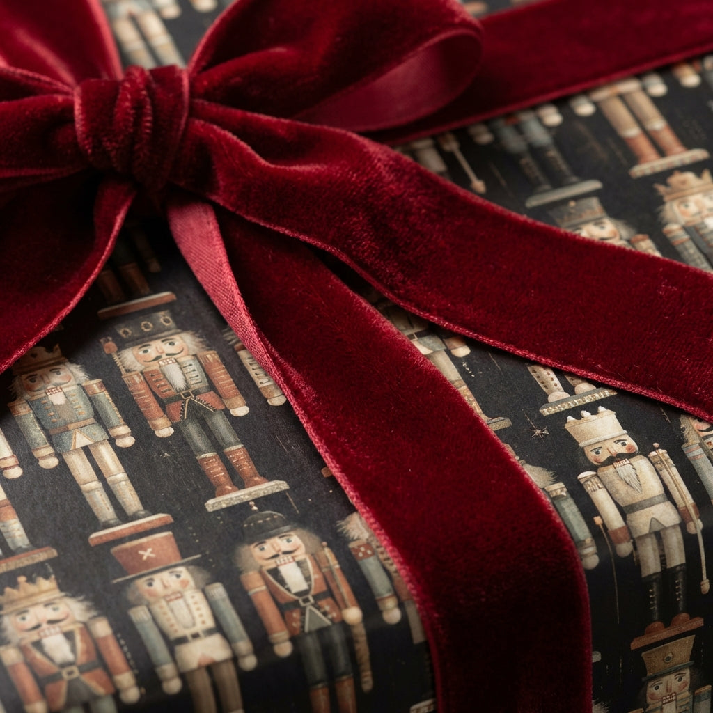 Close-up of Christmas gift wrapped in nutcracker print paper with a luxurious red velvet bow.