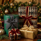 Festive Christmas gift wrap: Nutcracker-patterned paper with velvet ribbons, plus solid green and gold paper with fabric bows.