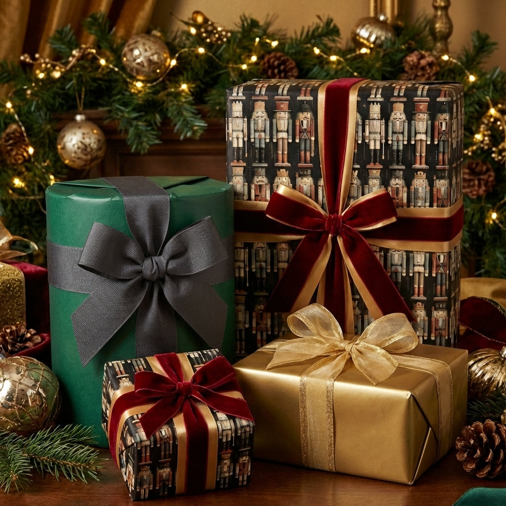 Festive Christmas gift wrap: Nutcracker-patterned paper with velvet ribbons, plus solid green and gold paper with fabric bows.