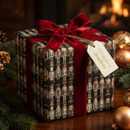 Elegant Christmas gift wrapped in Nutcracker-themed wrapping paper with a red velvet ribbon.