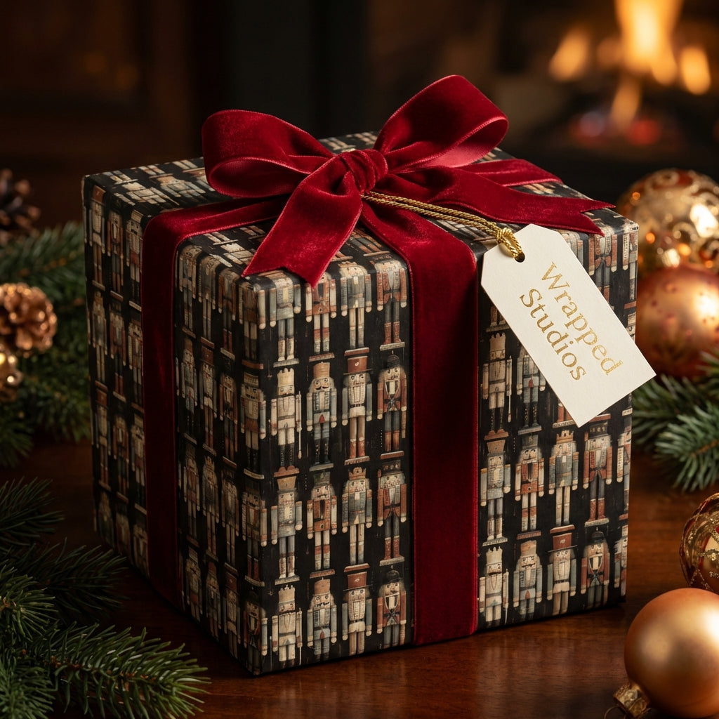 Elegant Christmas gift wrapped in Nutcracker-themed wrapping paper with a red velvet ribbon.