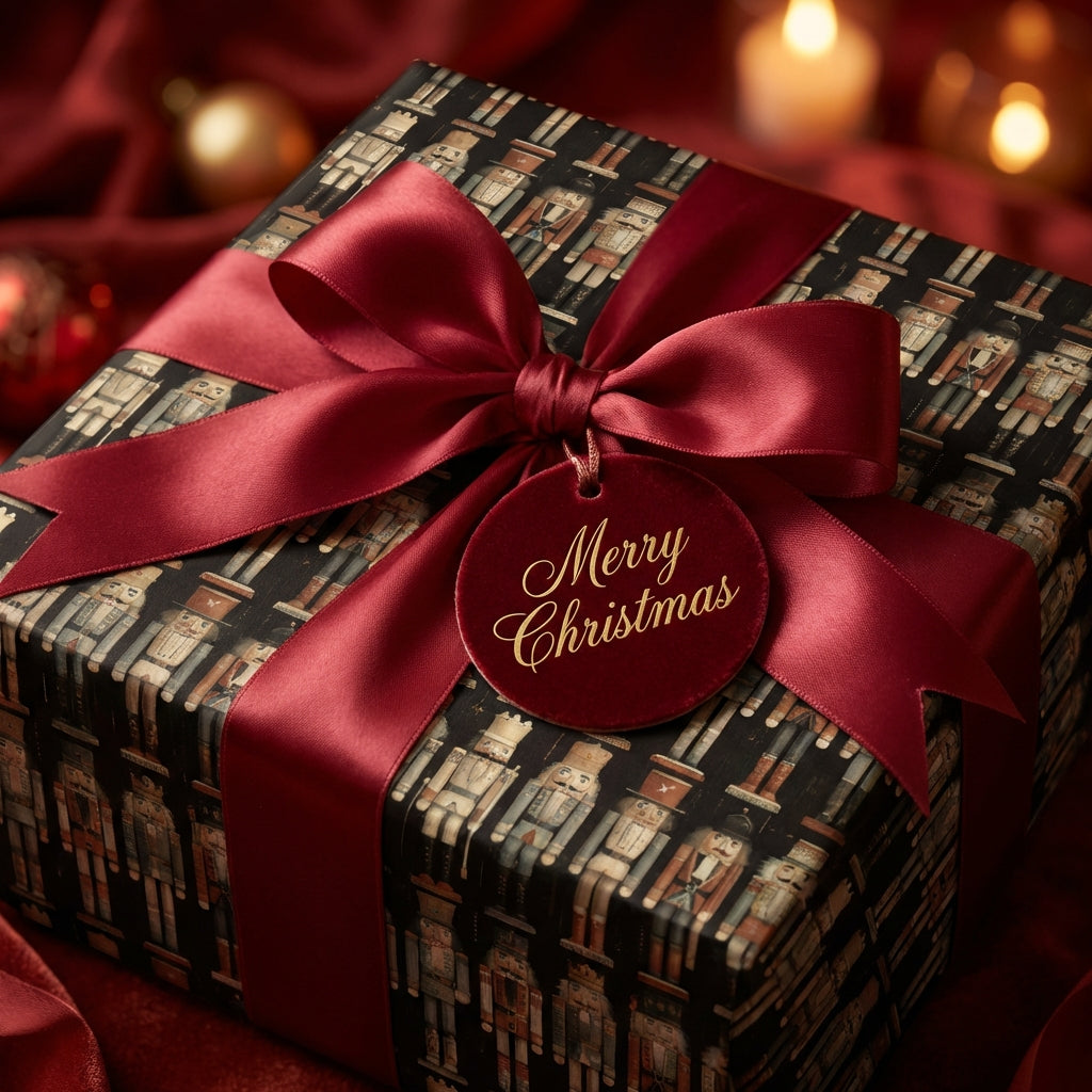 Elegant square gift box wrapped in nutcracker Christmas wrapping paper with a red satin bow.