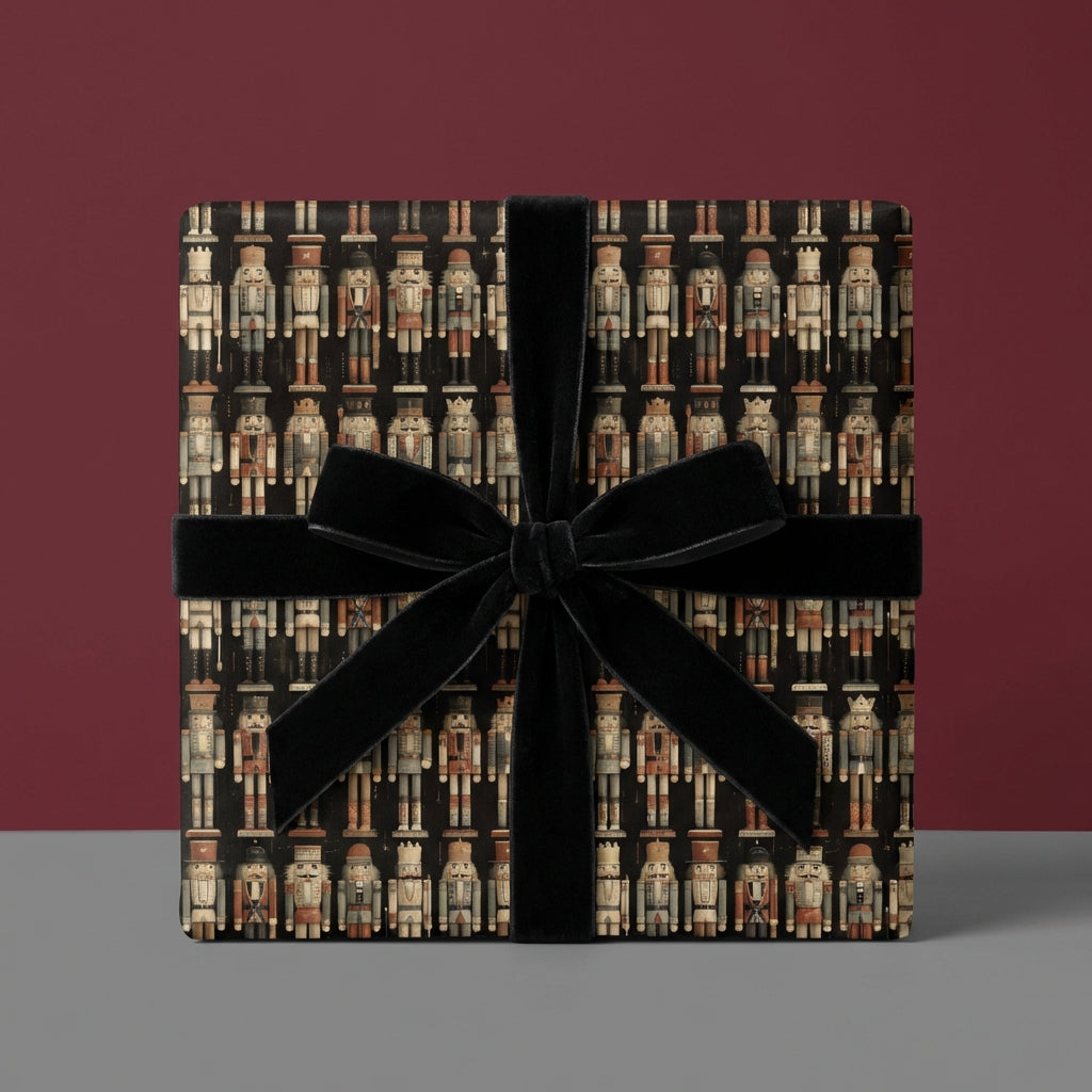 Square gift box wrapped in nutcracker Christmas wrapping paper with a black velvet ribbon.