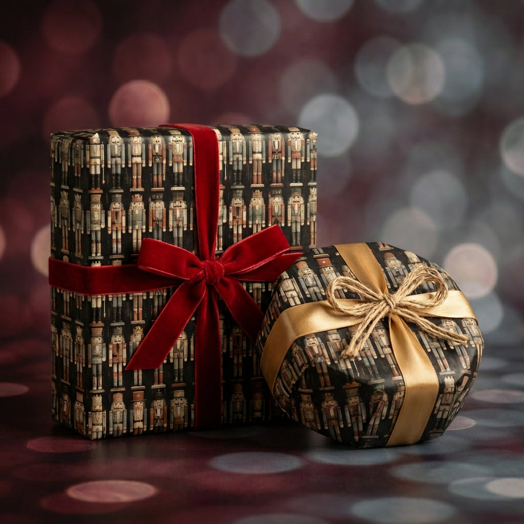 Elegant Christmas gift wrap featuring a nutcracker pattern with red velvet ribbon and gold satin bow.
