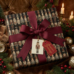 Elegant Christmas gift wrap with nutcracker pattern and burgundy ribbon, festive holiday decor.