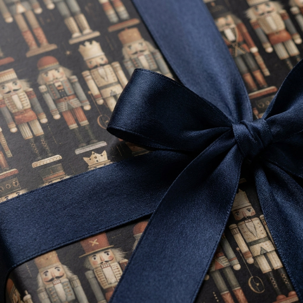 Nutcracker Christmas gift wrap with a luxury navy blue satin ribbon bow by Wrapped Studios.