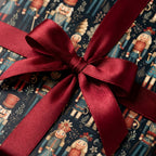 Luxury nutcracker Christmas wrapping paper with a red satin bow, by Wrapped Studios.