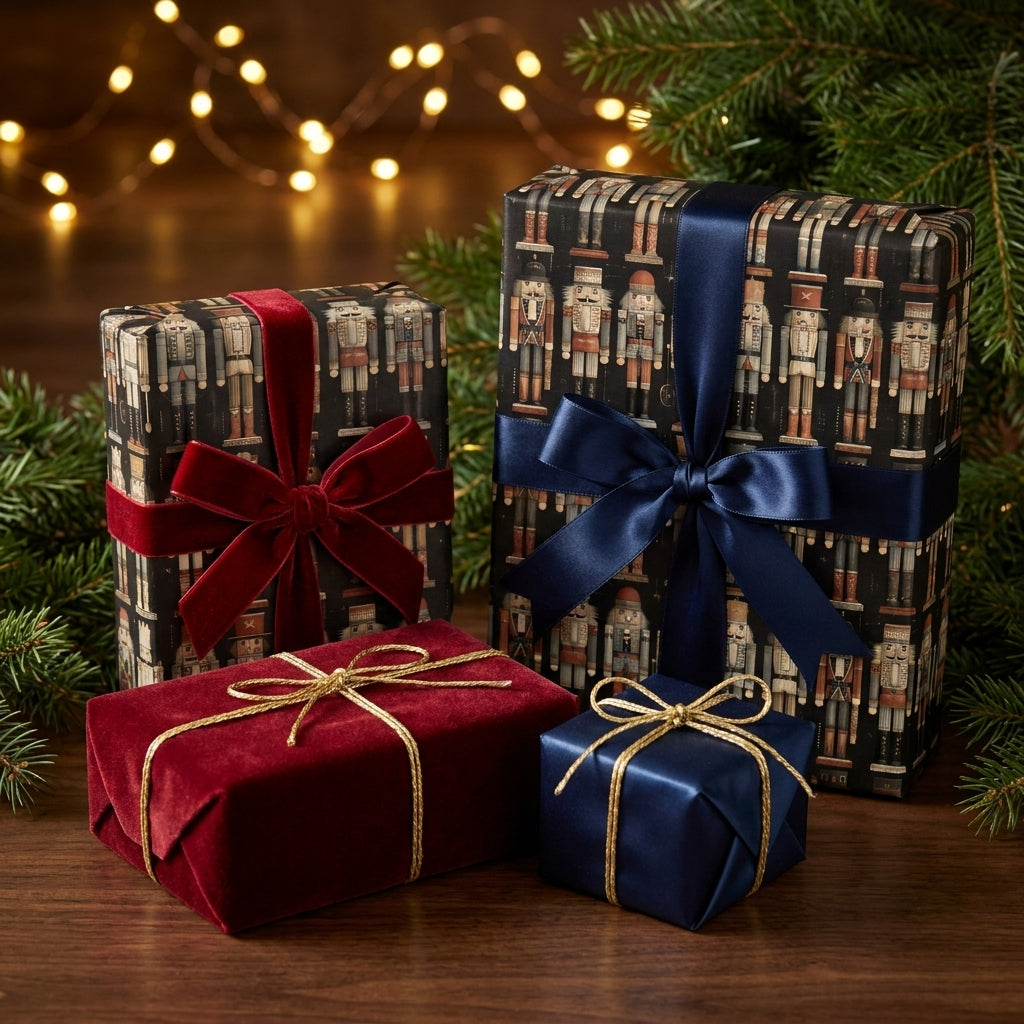 Luxury nutcracker Christmas wrapping paper with elegant velvet and satin bows by Wrapped Studios.