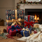 Nutcracker Christmas wrapping paper by Wrapped Studios on holiday gifts by a cozy fireplace.