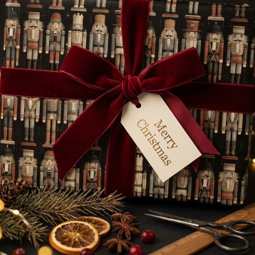 Luxury nutcracker Christmas wrapping paper with a red velvet bow and holiday tag by Wrapped Studios.