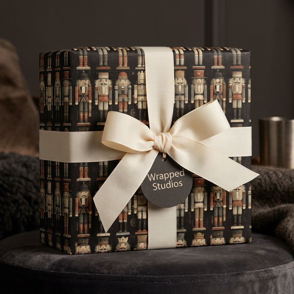 Vintage nutcracker Christmas wrapping paper with cream ribbon, luxury holiday gift wrap by Wrapped Studios.