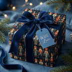 Luxury nutcracker Christmas wrapping paper with a navy velvet ribbon, by Wrapped Studios.