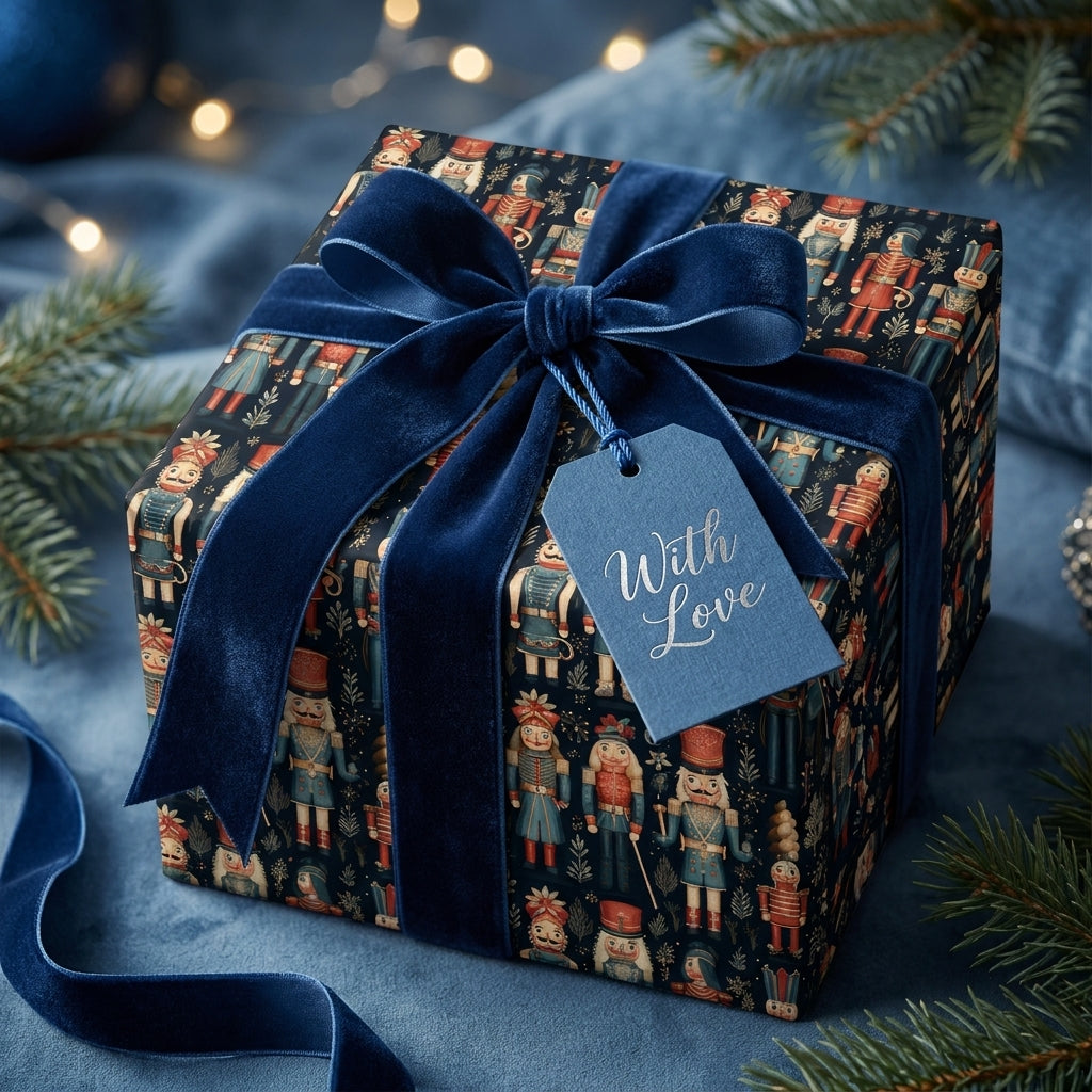Luxury nutcracker Christmas wrapping paper with a navy velvet ribbon, by Wrapped Studios.