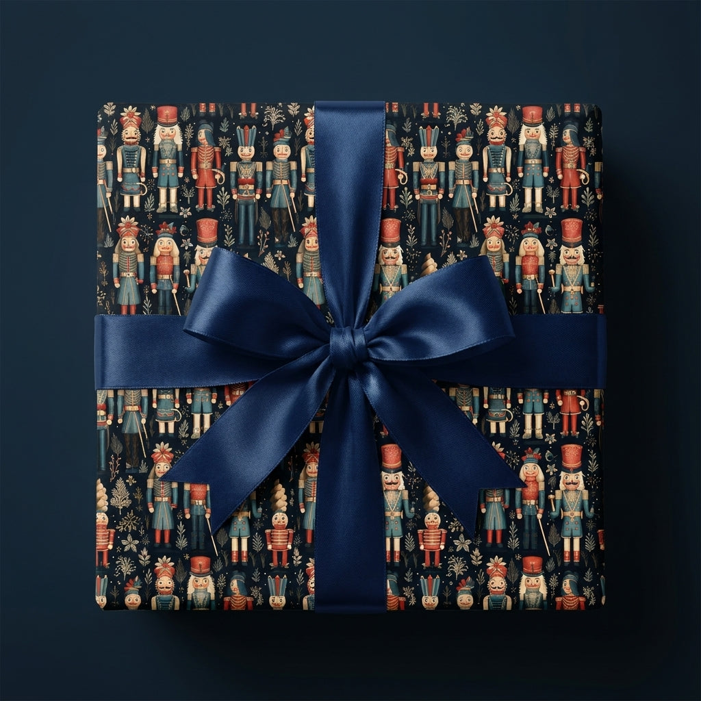 Luxury navy blue nutcracker Christmas gift wrap with satin bow by Wrapped Studios.