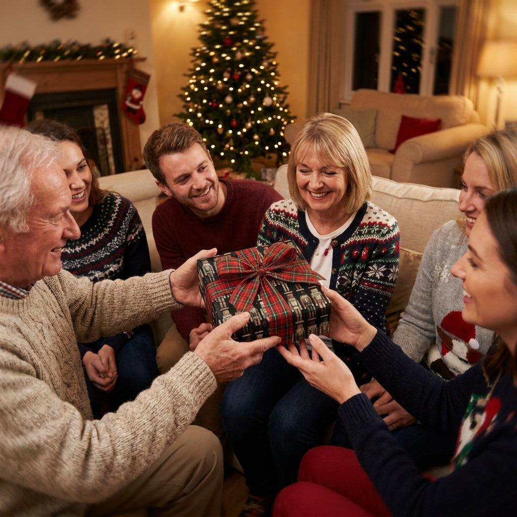 Family exchanging a gift in nutcracker Christmas wrapping paper with a plaid bow, by Wrapped Studios.