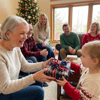 Toddler giving grandmother a gift in holiday nutcracker Christmas wrapping paper by Wrapped Studios.