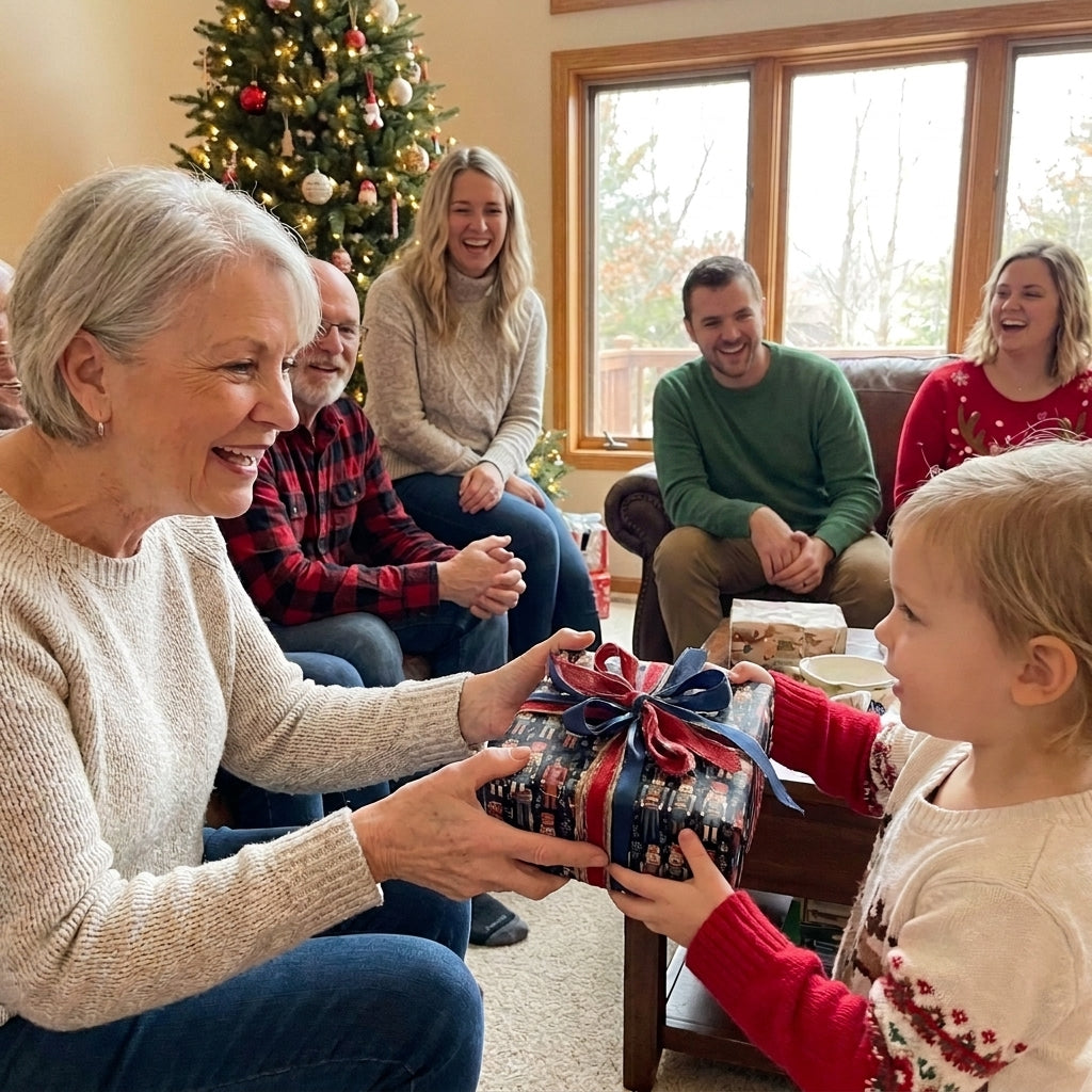 Toddler giving grandmother a gift in holiday nutcracker Christmas wrapping paper by Wrapped Studios.