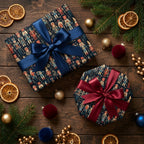 Navy blue nutcracker Christmas wrapping paper with elegant satin bows by Wrapped Studios.