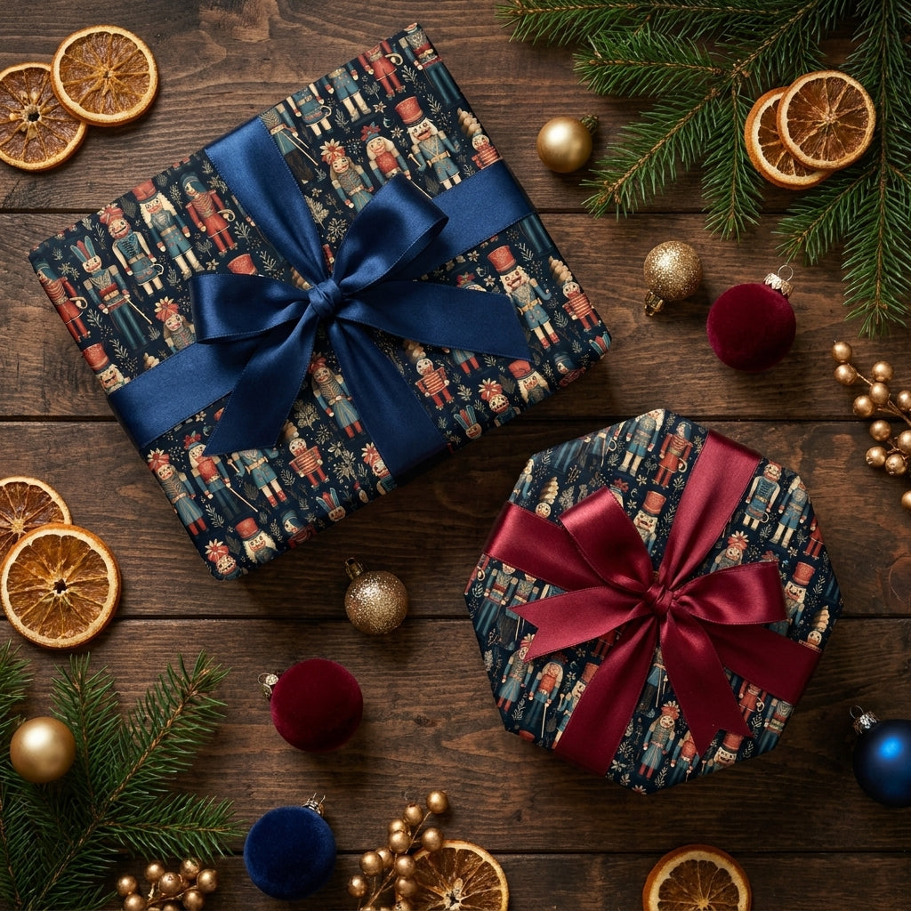 Navy blue nutcracker Christmas wrapping paper with elegant satin bows by Wrapped Studios.