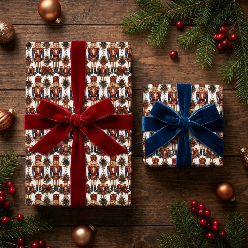 Luxury nutcracker Christmas wrapping paper with red and blue velvet bows on a wood table, by Wrapped Studios.
